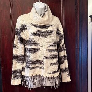 Fringed Ivory & Black Cowl-Neck Sweater